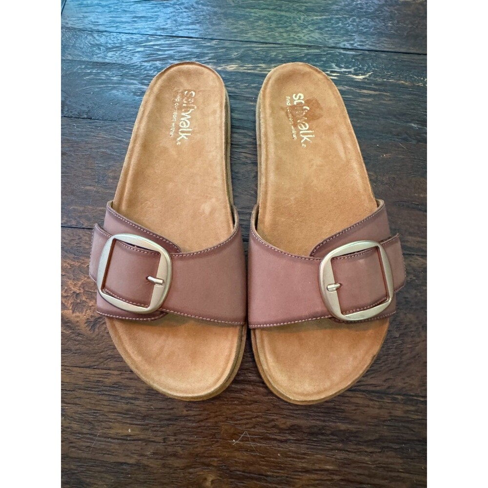 SoftWalk Una Slide Sandals Brown Leather Buckle Comfort Slides Women's 9.5 New